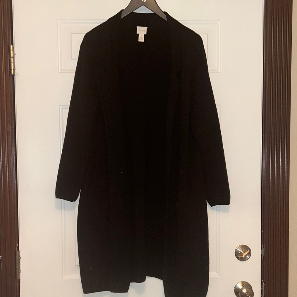 Chico’s Long Cardigan Sweater/Duster 3 (16) Black Cotton Pockets Open Classic